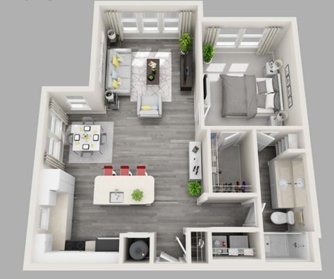A 3D floor plan of a modern apartment layout.